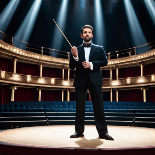 Home 23 A professional male magician in elegant, tailored stage attire, standing confidently on a grand theater stage. He holds a classic magician's wand with well-formed hands, his gaze calm and focused, embodying perfect mental preparation and poised anticipation just before a performance. The stage is bathed in cinematic, dramatic lighting with plush, empty seats in the foreground, highlighting professional artistry. Perfect anatomy, correct proportions, natural pose, natural body proportions, fully clothed, appropriate attire, modest clothing, safe for work, appropriate content, family-friendly.