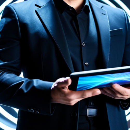 Home 22 A contemporary male magician, fully clothed in a modest, professional, sleek dark suit, standing in a modern digital studio. He is holding a glowing holographic tablet, projecting subtle virtual reality elements that blend with the physical space. The background features abstract digital light patterns and blurred computer screens. The magician has a natural pose, perfect anatomy, correct proportions, well-formed hands, and proper finger count. The image emphasizes high-quality professional photography with dynamic lighting, appropriate content, safe for work, family-friendly.