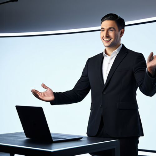 Home 9 A professional magician, male, in a modern, modest dark suit, standing in a sleek home studio. He is looking directly into a webcam, interacting with a virtual audience displayed on a large laptop screen in front of him. His expression is engaging and enthusiastic. The background is clean and minimalist, with soft, professional lighting. There are subtle digital elements on the screen indicating an interactive online show. The overall image portrays an innovative and contemporary magic performance. safe for work, appropriate content, fully clothed, professional, perfect anatomy, correct proportions, natural pose, well-formed hands, proper finger count, natural body proportions, high quality, studio photography.