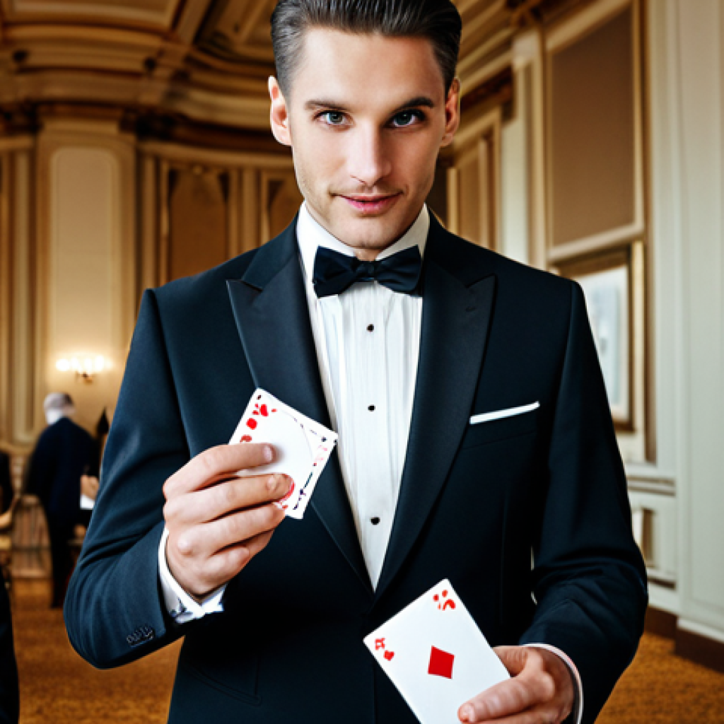 마술 자격증 - Close-up Magician**

"A skilled close-up magician performing a card trick at a formal event, fully c...