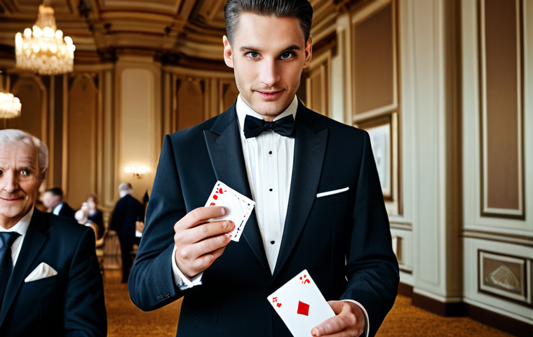 마술 자격증 - Close-up Magician**

"A skilled close-up magician performing a card trick at a formal event, fully c...