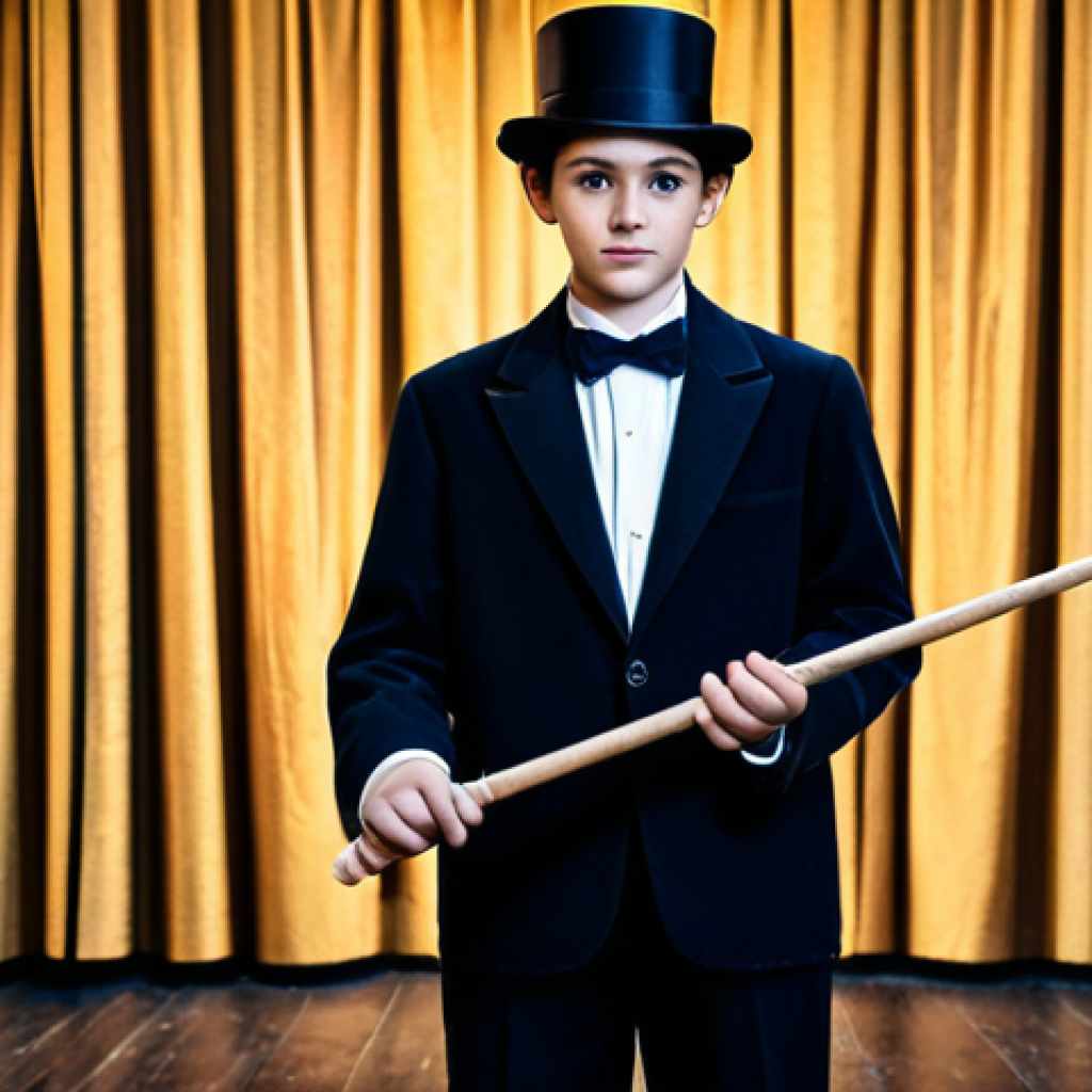 마술 공연 준비물 - Magic Wand**
A young magician, fully clothed in a modest, classic magician's outfit, holding a wood...