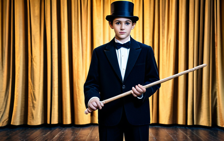 마술 공연 준비물 - Magic Wand**

A young magician, fully clothed in a modest, classic magician's outfit, holding a wood...