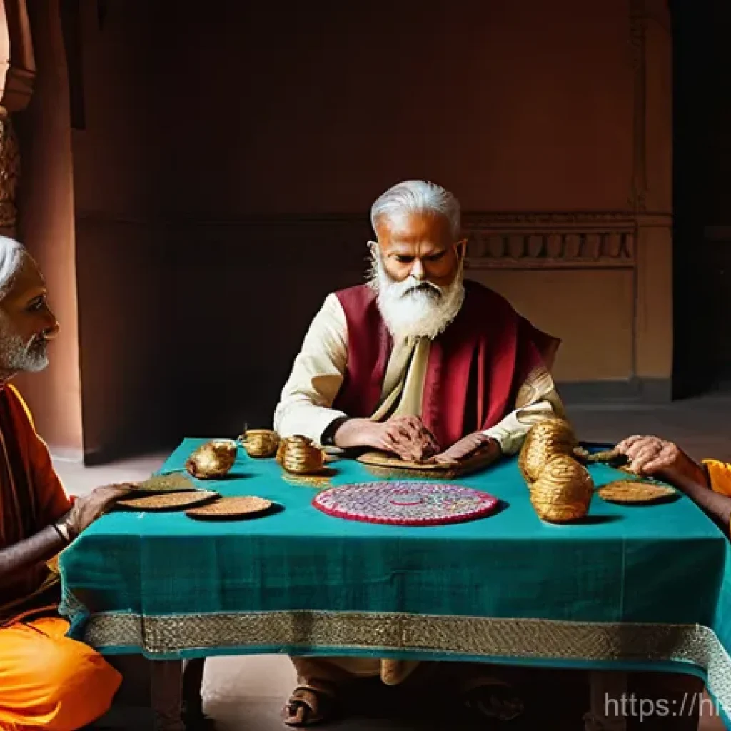 마술 카드의 역사 - **Prompt:** A serene scene depicting a small group of people in ancient India, perhaps two to three ...