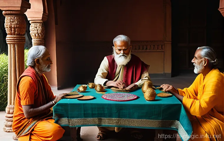 마술 카드의 역사 - **Prompt:** A serene scene depicting a small group of people in ancient India, perhaps two to three ...