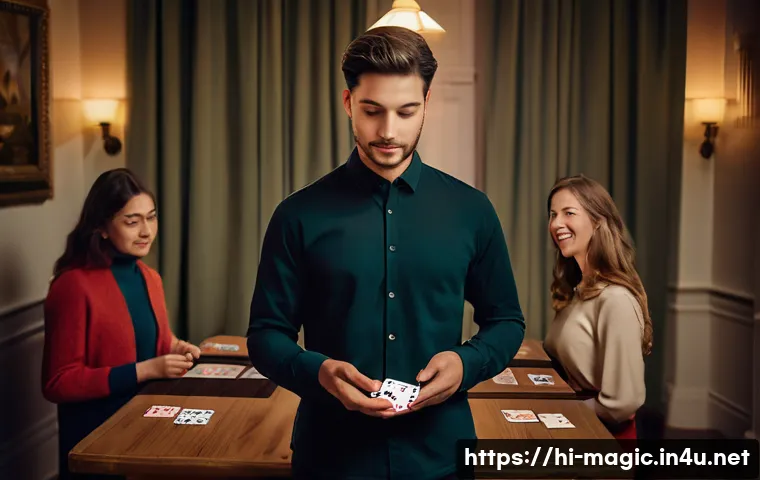마술 동영상 강의 - **Card Magician Enchanting an Audience:** A skilled magician, appearing to be in their late 20s or e...