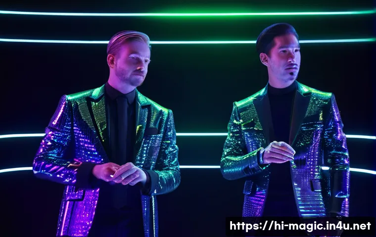 마술 트렌드 - **Prompt:** A futuristic, elegant magician, mid-30s, standing on a dimly lit, high-tech stage, perfo...