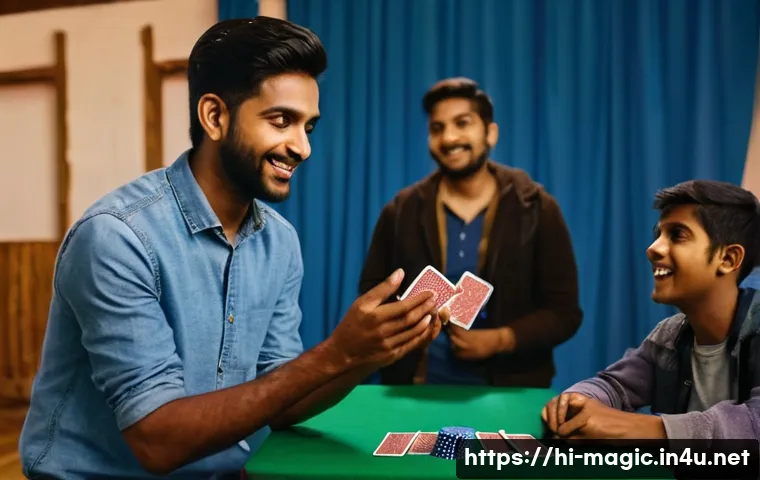 마술가 인터뷰 - A young Indian male magician performing his first card trick on a small stage in a local community h...