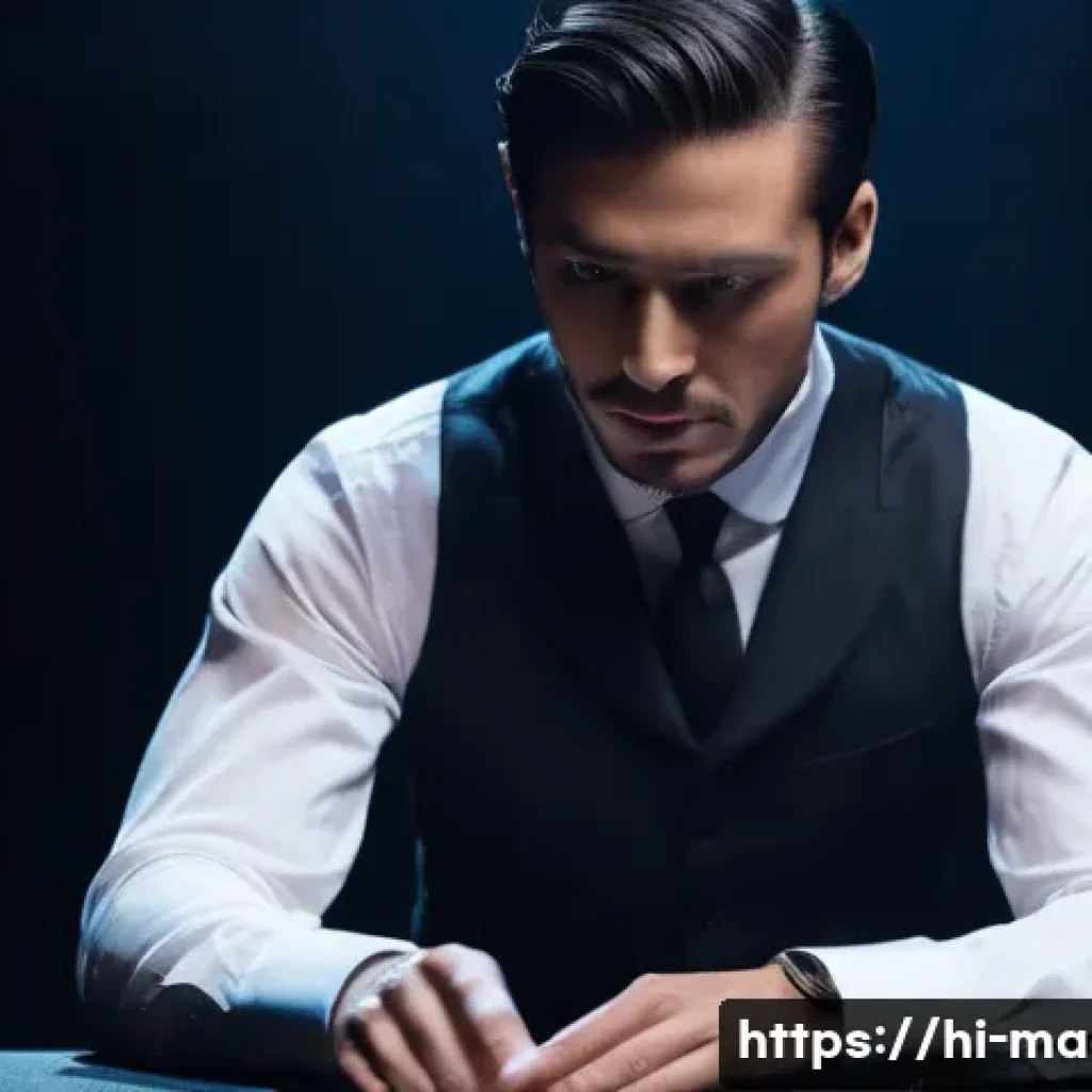 마술 종류별 기법 - A skilled magician performing a card trick on stage, wearing a stylish suit with a crisp white shirt...
