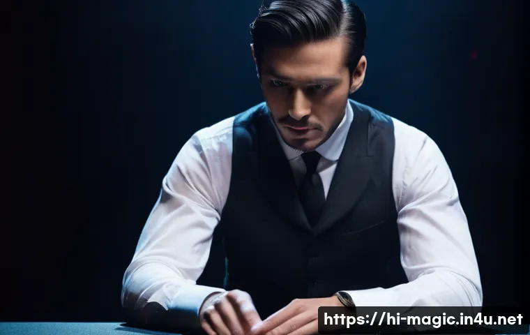 마술 종류별 기법 - A skilled magician performing a card trick on stage, wearing a stylish suit with a crisp white shirt...