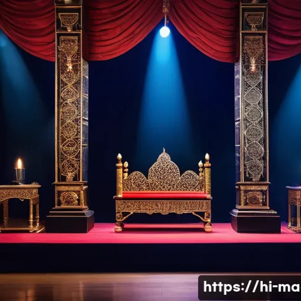 마술 쇼의 연출 - A vibrant magical stage set for a Hindi magic show, featuring rich red and deep blue velvet curtains...