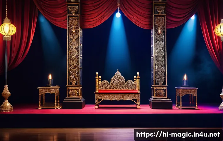 마술 쇼의 연출 - A vibrant magical stage set for a Hindi magic show, featuring rich red and deep blue velvet curtains...