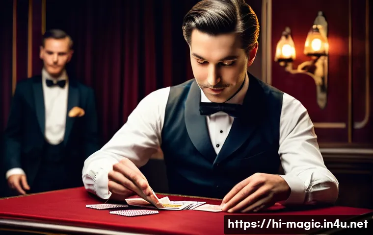 마술 전문점 - A detailed and vibrant scene of a traditional magic performance featuring a skilled magician wearing...