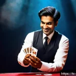 Home 18 마술 쇼 - A skilled magician performing a classic card disappearing trick on stage, wearing a sharp dark suit ...