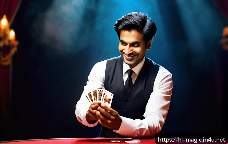 마술 쇼 - A skilled magician performing a classic card disappearing trick on stage, wearing a sharp dark suit ...