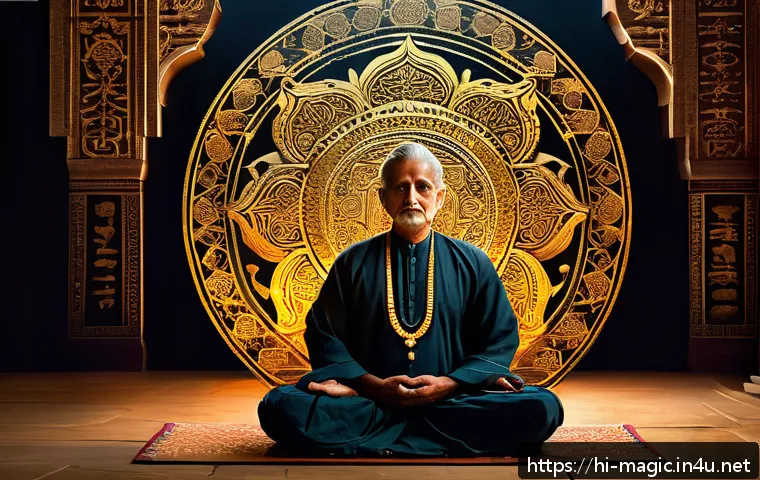 마술의 상징성 - A detailed digital artwork featuring ancient Indian swastika symbols glowing with golden light, surr...
