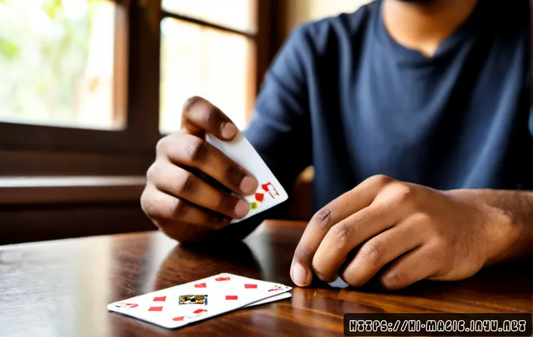 마술 배우는 법 - Photorealistic close-up of an Indian young adult learning a simple card magic trick at a clean woode...