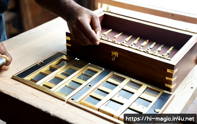 마술 소품 제조 - Photorealistic artisan workshop for manufacturing stage magic props, skilled craftsperson’s hands as...