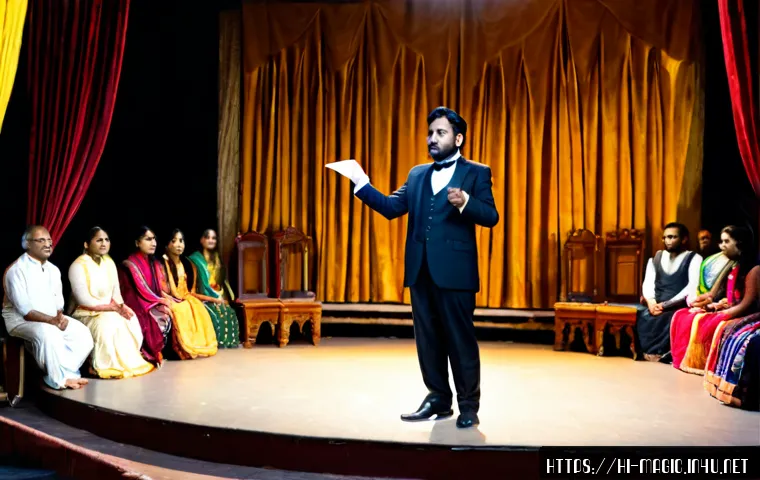 Home 17 마술 문화의 발전 - Photorealistic cultural history scene inside an elegant Indian heritage theater, a skilled magician ...