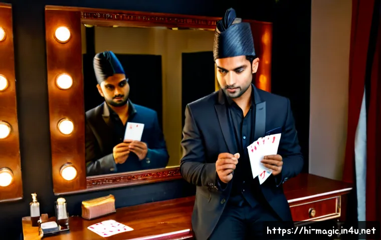 마술 대회 팁 - Photorealistic Indian magician practicing for a stage magic competition in a quiet backstage dressin...