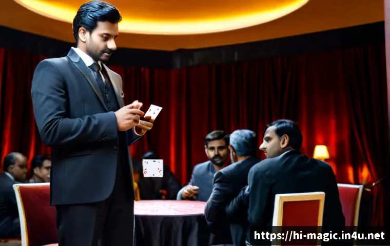 마술 클럽 - Photorealistic elegant magic club interior in India, a skilled magician in a tailored black suit per...